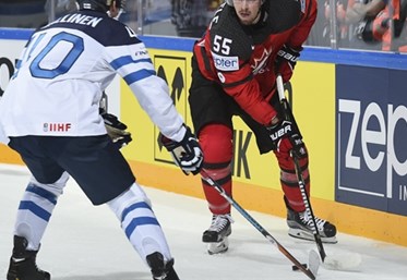 PARIS, FRANCE - MAY 16: Canada's Mark Scheifele #55 stickhandles the puck while Finland's Tomi Sallinen #40 defends during preliminary round action at the 2017 IIHF Ice Hockey World Championship. (Photo by Matt Zambonin/HHOF-IIHF Images)

